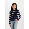 D1392 Lacivert Çizgili Fitted Bisiklet Yaka Triko Kazak