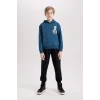 D2036 Erkek Çocuk 2li Takım Baskılı Kapüşonlu Kanguru Cepli Sweatshirt Jogger Eşofman Altı