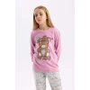 D2108 Ayıcık Baskılı Uzun Kollu Üst Beli Lastikli Desenli Uzun Alt Pijama Takım
