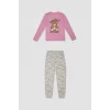 D2108 Ayıcık Baskılı Uzun Kollu Üst Beli Lastikli Desenli Uzun Alt Pijama Takım