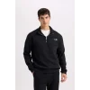 D2164 Relax Fit Fermuarlı Dik Yaka Baskılı Kalın Kumaş Sweatshirt