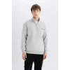 D2165 Dik Yaka Baskılı Fermuarlı Sweatshirt