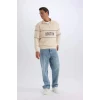 D2166 Relax Fit Dik Yaka Fermuarlı Baskılı Kalın Sweatshirt