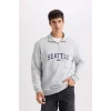 D2168 Relax Fit Fermuarlı Dik Yaka Baskılı Kalın Sweatshirt