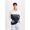 D2169 Relax Fit Dik Yaka Yarım Fermuarlı Baskılı Kalın Sweatshirt