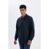 D2279 Regular Fit Polo Yaka Yarım Fermuarlı Basic Düz Sweatshirt