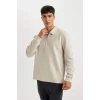 D2279 Regular Fit Polo Yaka Yarım Fermuarlı Basic Düz Sweatshirt