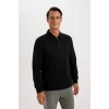 D2279 Regular Fit Polo Yaka Yarım Fermuarlı Basic Düz Sweatshirt