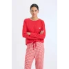 D2303 Fall in Love Regular Fit Uzun Kollu Üst Kareli Uzun Alt Pijama Takımı