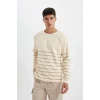 D2397 Comfort Regular Fit Rahat Kalıp Bisiklet Yaka Çizgili Kalın Kumaş Sweatshirt