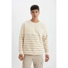 D2397 Comfort Regular Fit Rahat Kalıp Bisiklet Yaka Çizgili Kalın Kumaş Sweatshirt