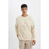 D2397 Comfort Regular Fit Rahat Kalıp Bisiklet Yaka Çizgili Kalın Kumaş Sweatshirt