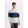 D2401 Comfort Regular Fit Rahat Kalıp Dik Yaka Fermuarlı Çizgili Kalın Sweatshirt