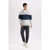 D2401 Comfort Regular Fit Rahat Kalıp Dik Yaka Fermuarlı Çizgili Kalın Sweatshirt