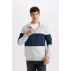 D2401 Comfort Regular Fit Rahat Kalıp Dik Yaka Fermuarlı Çizgili Kalın Sweatshirt