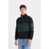 D2401 Comfort Regular Fit Rahat Kalıp Dik Yaka Fermuarlı Çizgili Kalın Sweatshirt