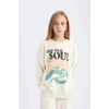D2880 Oversize Geniş Kalıp Bisiklet Yaka Baskılı Sweatshirt