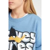 D2982 Mavi Looney Tunes Baskılı Oversize Geniş Kalıp Bisiklet Yaka Sweatshirt