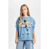 D2982 Mavi Looney Tunes Baskılı Oversize Geniş Kalıp Bisiklet Yaka Sweatshirt