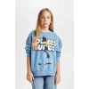 D2982 Mavi Looney Tunes Baskılı Oversize Geniş Kalıp Bisiklet Yaka Sweatshirt