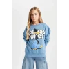 D2982 Mavi Looney Tunes Baskılı Oversize Geniş Kalıp Bisiklet Yaka Sweatshirt