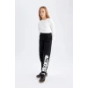D3209 Baskılı Beli Paçası Lastikli Siyah Jogger Eşofman Altı