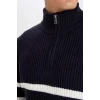 D3274 Standart Fit Dik Yaka Yarım Fermuarlı Çizgili Triko Kazak