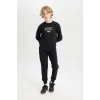 D3560 Erkek Çocuk 2li Takım Baskılı Bisiklet Yaka Sweatshirt Üst Beli Lastikli Jogger Eşofman Altı