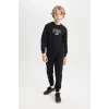 D3560 Erkek Çocuk 2li Takım Baskılı Bisiklet Yaka Sweatshirt Üst Beli Lastikli Jogger Eşofman Altı