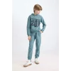 D3561 Erkek Çocuk Kapüşonlu Baskılı Sweatshirt Beli Lastikli Eşofman Altı 2li Takım