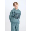 D3561 Erkek Çocuk Kapüşonlu Baskılı Sweatshirt Beli Lastikli Eşofman Altı 2li Takım