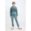 D3561 Erkek Çocuk Kapüşonlu Baskılı Sweatshirt Beli Lastikli Eşofman Altı 2li Takım