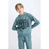 D3561 Erkek Çocuk Kapüşonlu Baskılı Sweatshirt Beli Lastikli Eşofman Altı 2li Takım