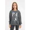 D3573 Antrasit Oversize Geniş Kalıp Bisiklet Yaka Baskılı Sweatshirt