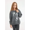 D3573 Antrasit Oversize Geniş Kalıp Bisiklet Yaka Baskılı Sweatshirt