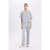 D3759 Wide Leg Cepli Basic Düz Geniş Bol Paça Gri Eşofman Altı