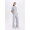 D3759 Wide Leg Cepli Basic Düz Geniş Bol Paça Gri Eşofman Altı