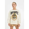 D3861 Ekru Harry Potter Oversize Geniş Kalıp Bisiklet Yaka Sweatshirt