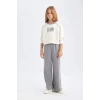 D4052 2li Takım Basic Düz Bisiklet Yaka Sweatshirt Üst Beli Lastikli Geniş Paça Eşofman Altı