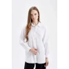 D4159 Beyaz Relax Fit Gömlek Yaka Poplin Basic Düz Uzun Kollu Gömlek Tunik