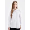 D4159 Beyaz Relax Fit Gömlek Yaka Poplin Basic Düz Uzun Kollu Gömlek Tunik