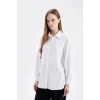 D4159 Beyaz Relax Fit Gömlek Yaka Poplin Basic Düz Uzun Kollu Gömlek Tunik