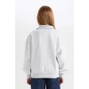 D4273 Yarım Fermuarlı Slogan Baskılı Sweatshirt