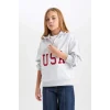 D4273 Yarım Fermuarlı Slogan Baskılı Sweatshirt