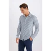 D4563 Slim Fit Dar Kesim Polo Yaka Çizgili Uzun Kollu Gömlek