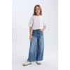 D4689 Kız Çocuk Wide Leg Kargo Cepli Geniş Bol Paça Jean Pantolon