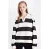 D4754 Oversize Geniş Kalıp Çizgili Polo Yaka Kalın Sweatshirt