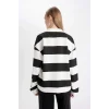 D4754 Oversize Geniş Kalıp Çizgili Polo Yaka Kalın Sweatshirt