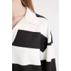 D4754 Oversize Geniş Kalıp Çizgili Polo Yaka Kalın Sweatshirt