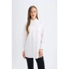 D4773 Relax Fit Gömlek Yaka Poplin Basic Düz Uzun Kollu Beyaz Gömlek Tunik